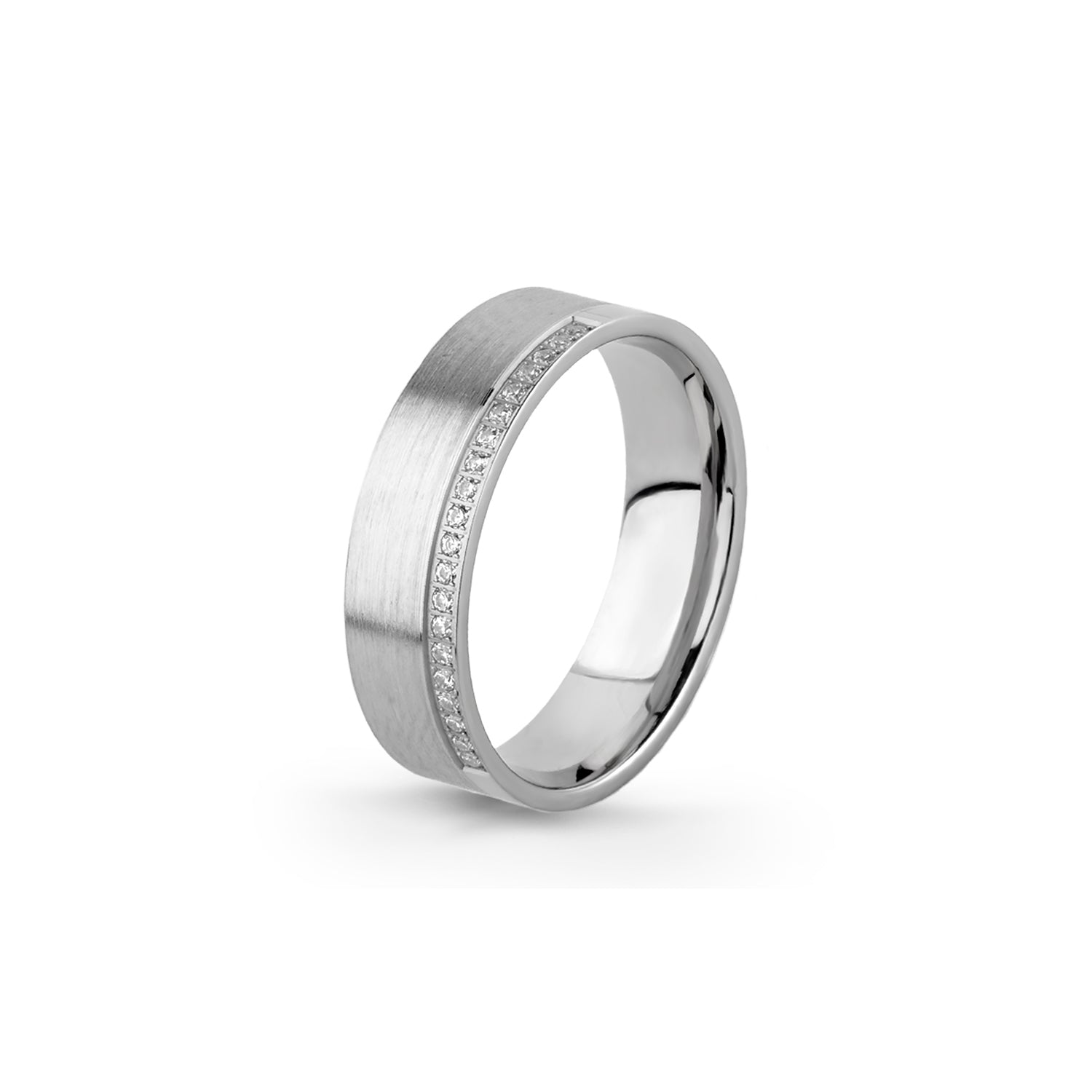 Aliança Eternis Emotiva Plana Branco Polido e Acetinado com Pedras